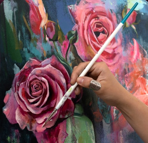 Floral pink roses and green leaves